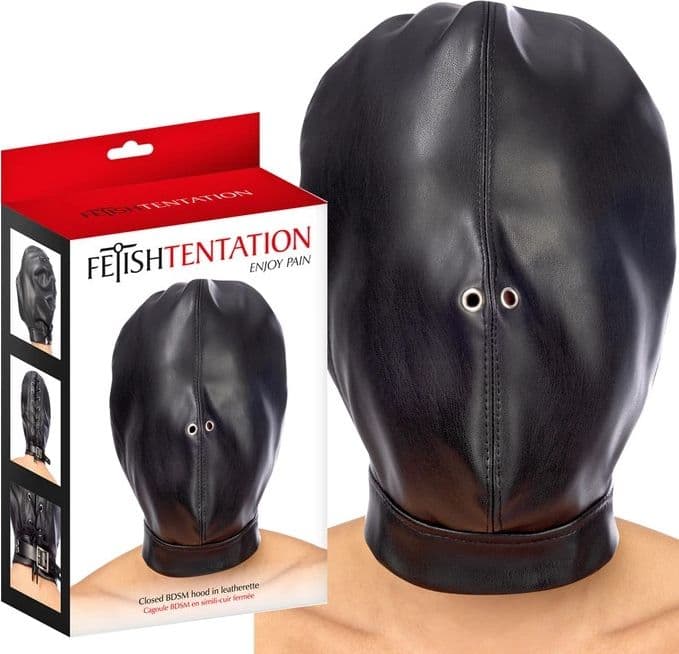 Maschera pelle pu Pain Closed Hood BDSM Dominazione Privazione Sensoriale nero
