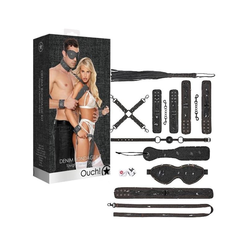 Denim bondage kit completo set per coppie collare giunzaglio manette frustino maschera cavigliere - 6