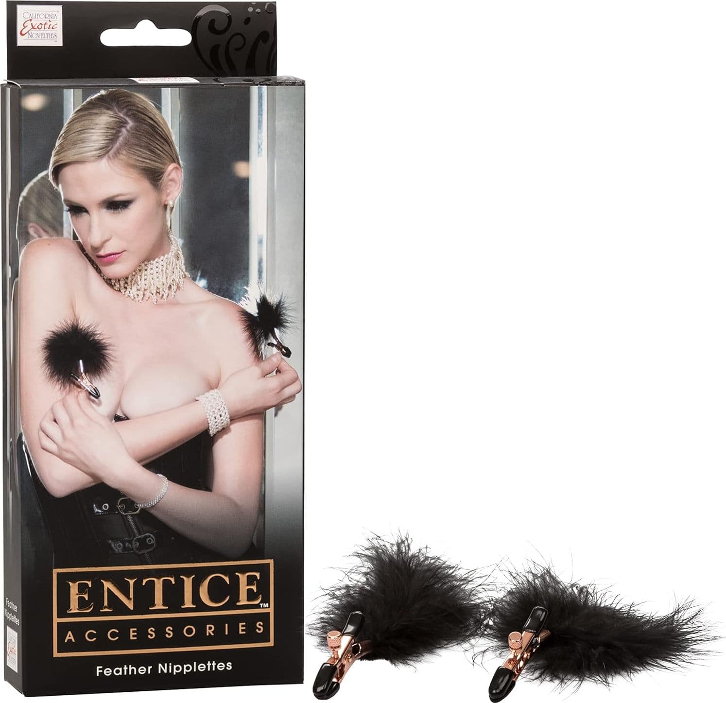 Morsetti per capezzoli con piume Entice nero e oro pinze bondage BDSM fetish