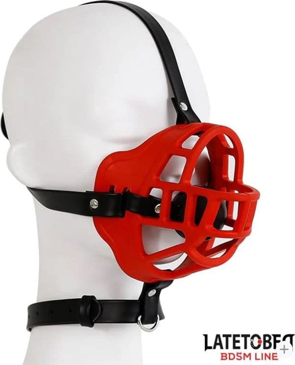 Maschera museruola con gag nero e rosso regolabile per roleplay BDSM bondage