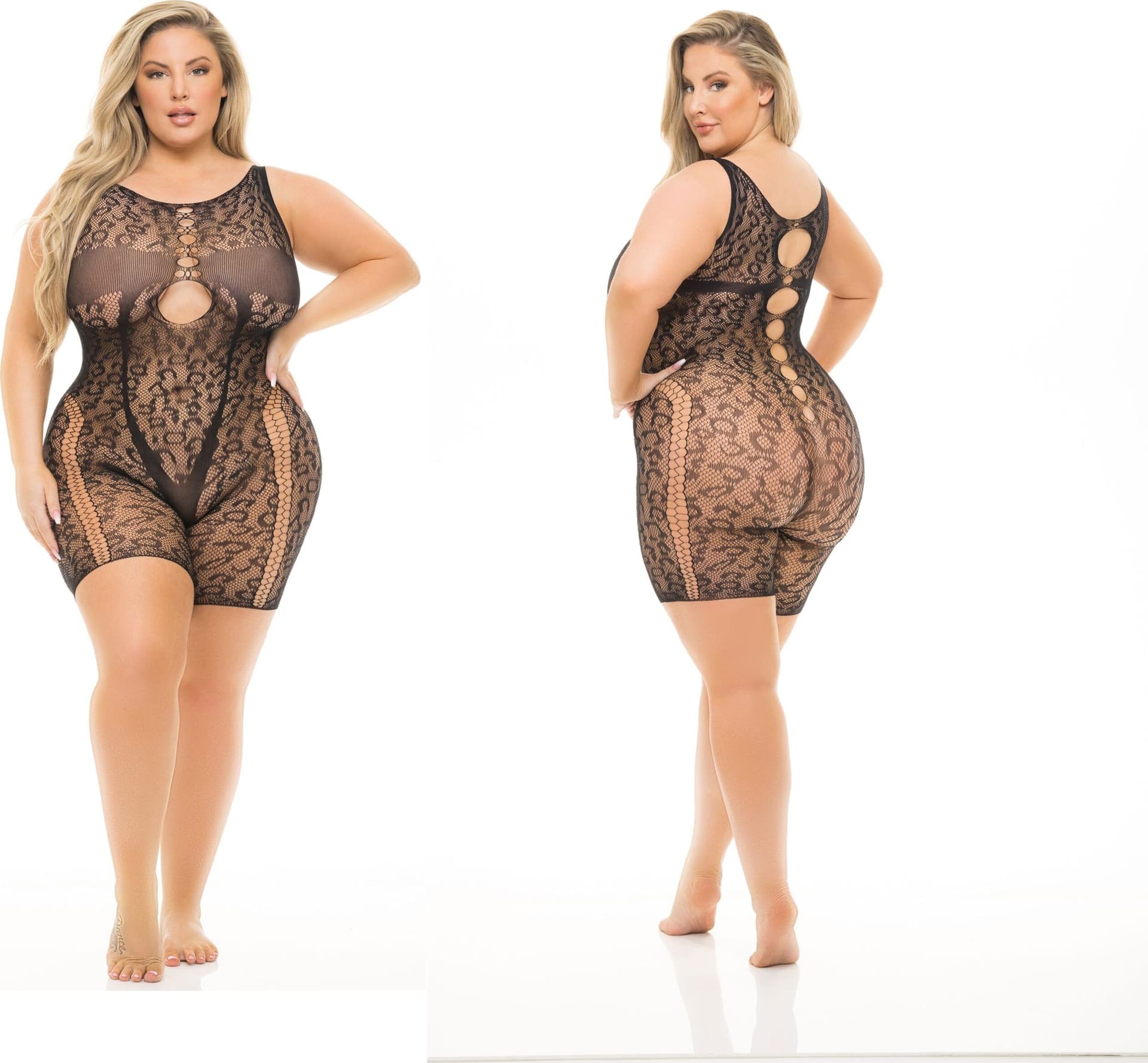 Bodystocking bike short Animalier Leopardato Plus Size XL 2XL 3XL sexy nero - 8