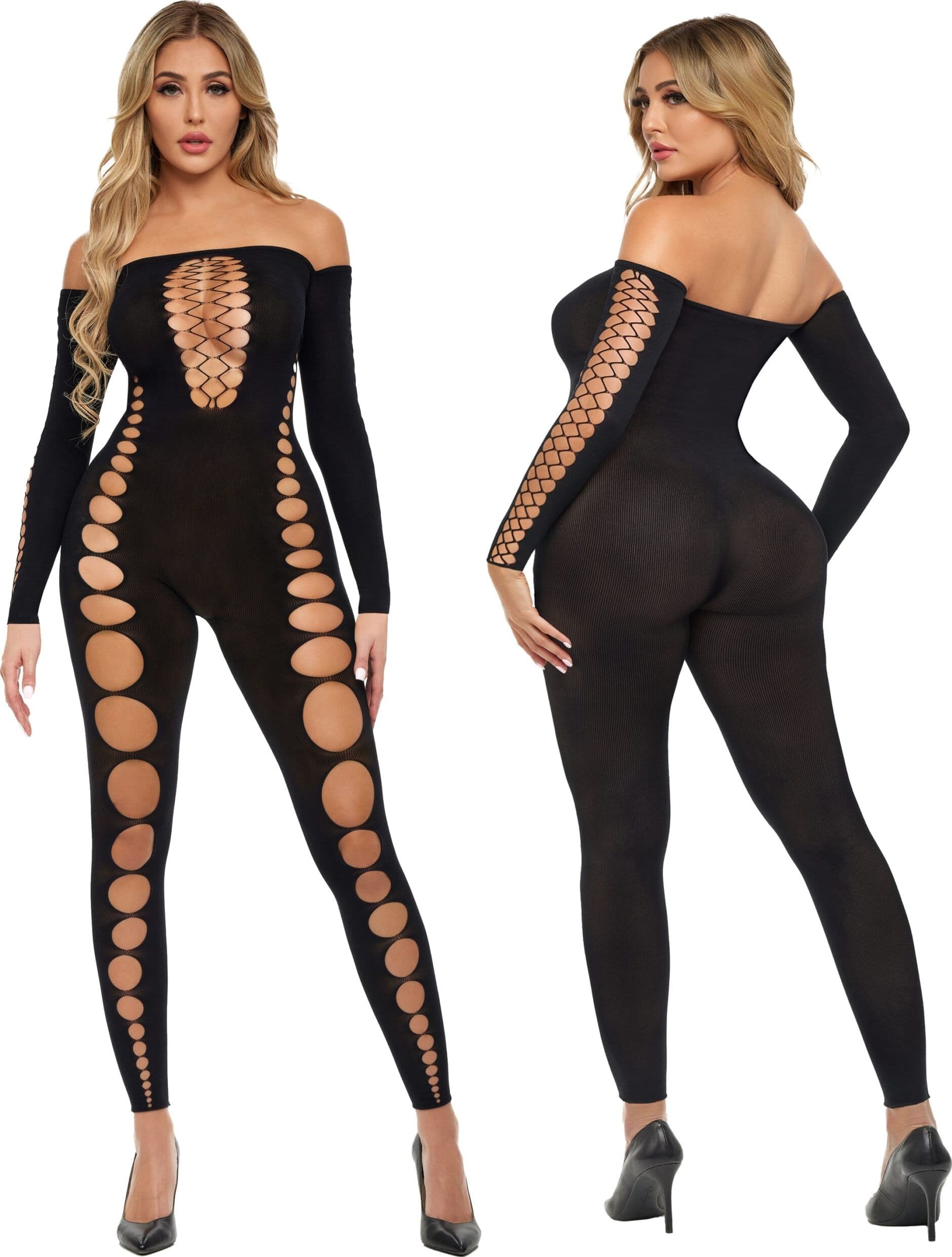 Sexy Tutina Premium Bodystocking Catsuit One Size taglie comode intimo rete nera - 10