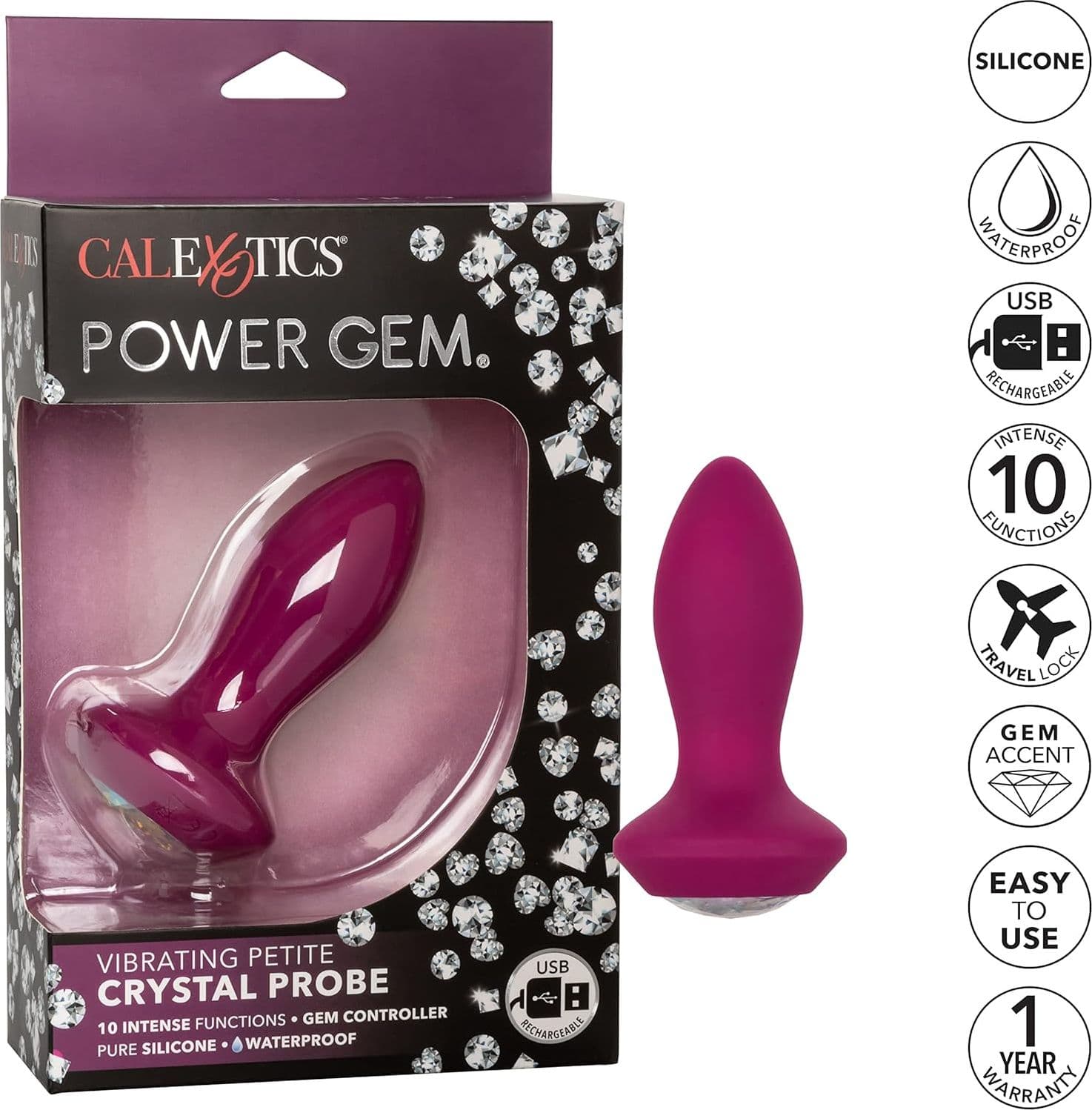 Power gem plug anale vibro 9,5 cm motore in punta viola ricaricabile silicone - 7