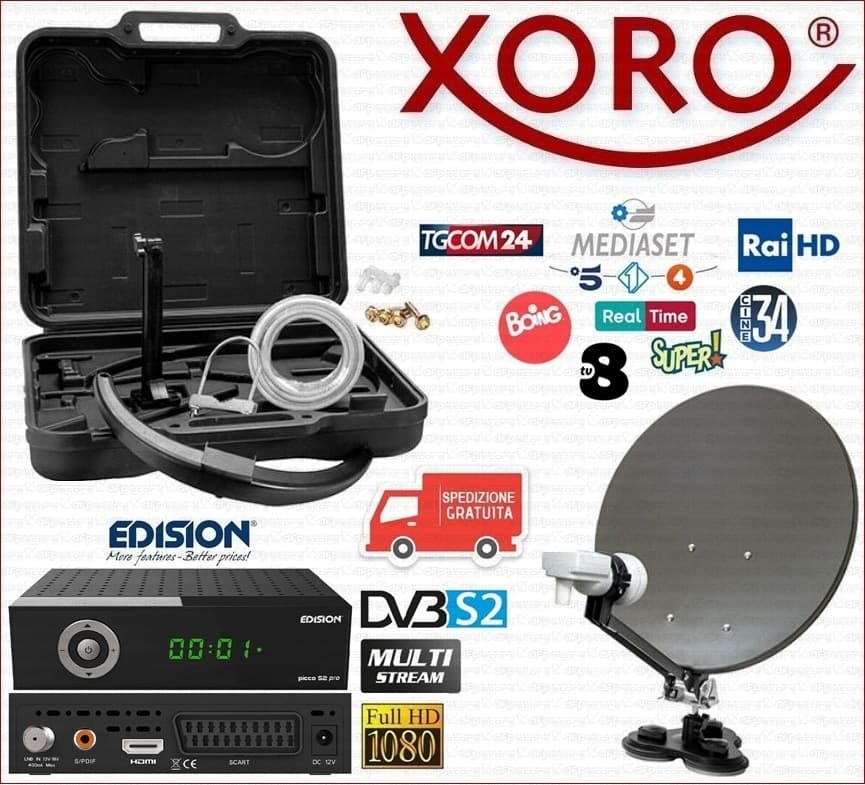 Kit Parabola da viaggio XORO MCA 38 HD con decoder EDISION PICCO S2 PRO Multistream per la ricezione in chiaro dei canali digitale terrestre via satellite