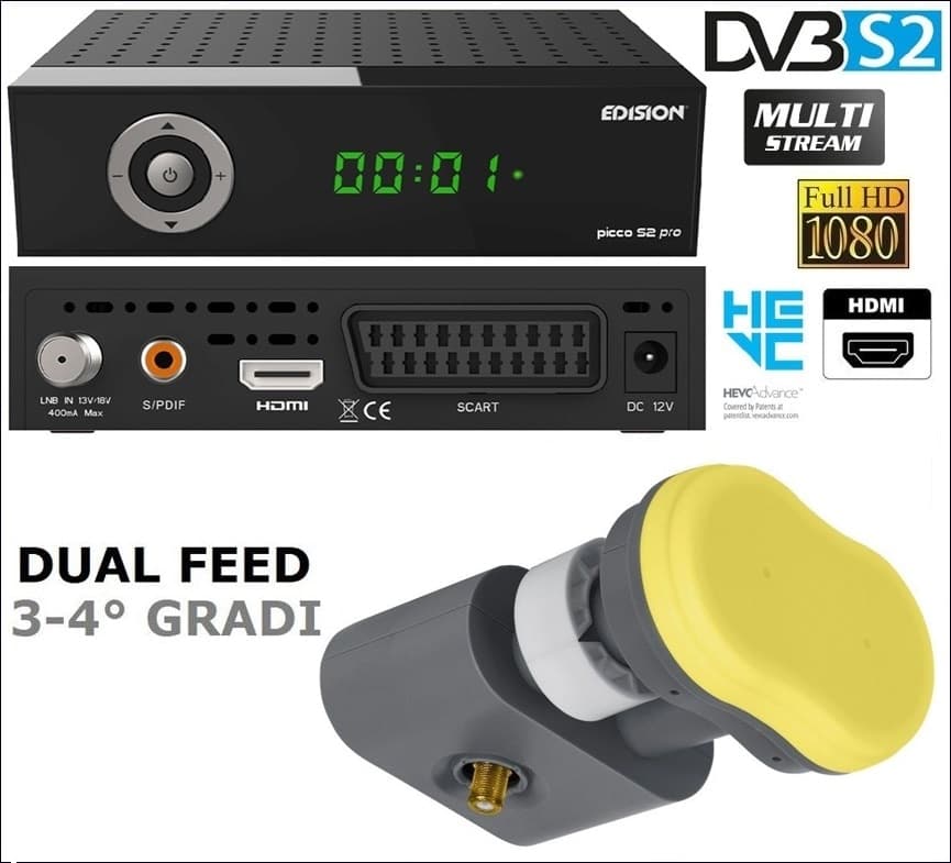 Decoder Edision PICCO S2 PRO PRO DVB-S2 H.265/HEVC Multistream FULL HD Wifi ed LNB Monoblocco Single 3 4 gradi per la ricezione in chiaro dei canali digitale terrestre via satellite - 1