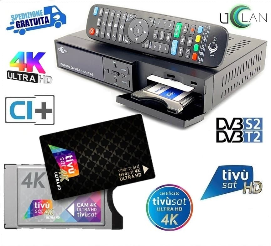 Decoder UCLAN D-BOX 4K CI+ Combo DVB-S2+DVB-T2/C Multistream T2MI con CAM Ci+ e Tessera Tivusat 4K ULTRA HD