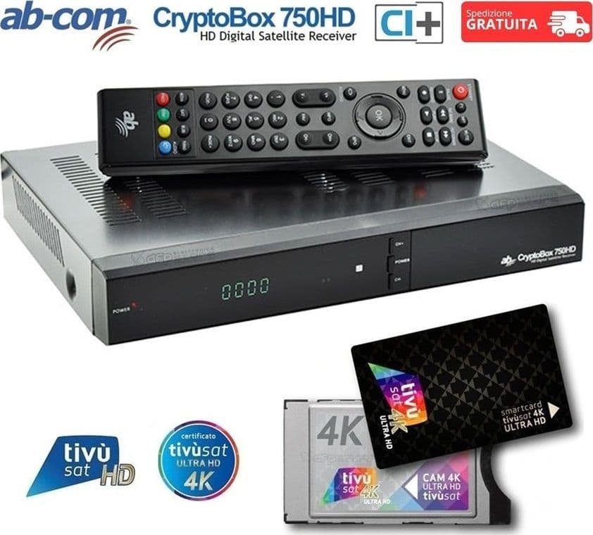 Decoder Satellitare AB-COM CryptoBox 750HD CI+ DVB-S/S2 con CAM Ci+ e Tessera Tivusat 4K ULTRA HD