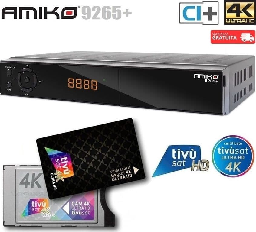 Decoder Amiko 9265+ Combo 4K UHD S2+T2/C H.265 Slot Common Interface con CAM Ci+ e Tessera Tivusat 4K ULTRA HD