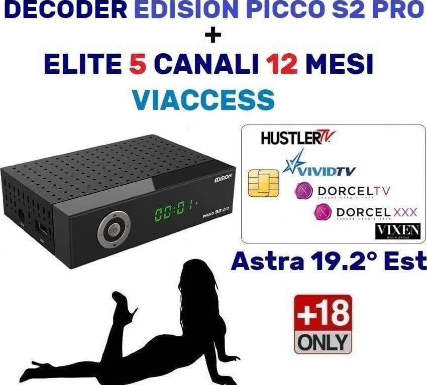 Decoder Con Smart Card Tessera Per Adulti Viaccess Abbonamento Elite 5 canali Astra 12 Mesi