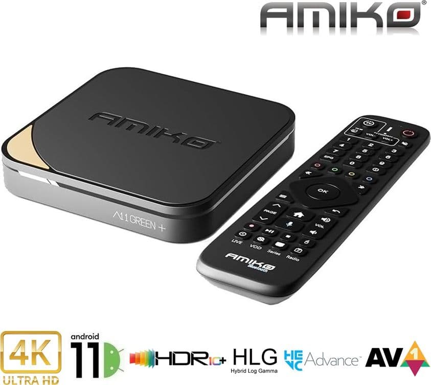 Amiko A11 GREEN+ 4K OTT H.265 2/16GB Quad-Core Android 11 Wifi Dual Band Bluetooth