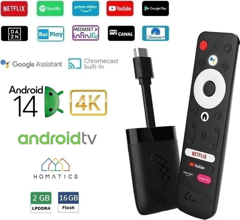 Homatics DONGLE Q 4K HDMI 2/16GB Android TV 14 certificato Google
