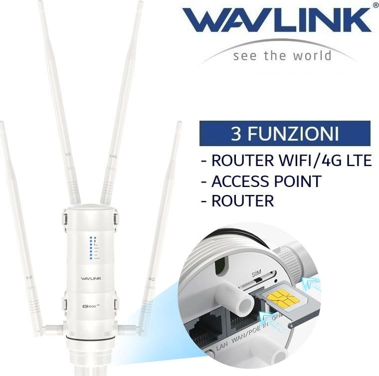 Router 4G con slot per Sim Card Access Point Wifi e Router Mesh da esterno 1200Mbps Gigabit Dual Band 2.4/5 GHz Wavlink-WN572HE4 - 1