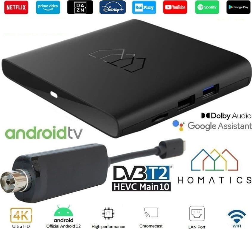 Homatics BOX Q 4K 2/8GB Android TV 12 certificato Google con Dongle USB DVB-T2/C Digitale Terrestre H.265 HEVC 10 bit