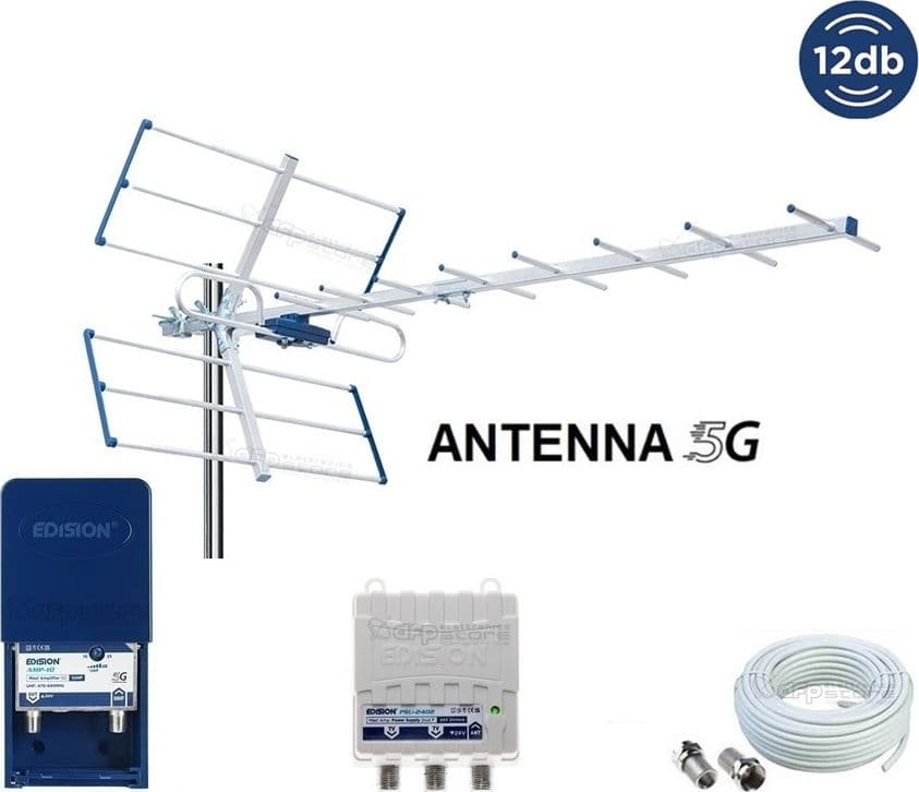 Kit Completo Antenna Tv da Esterno Per Digitale Terrestre Con Amplificatore da Palo 25dB con cavo