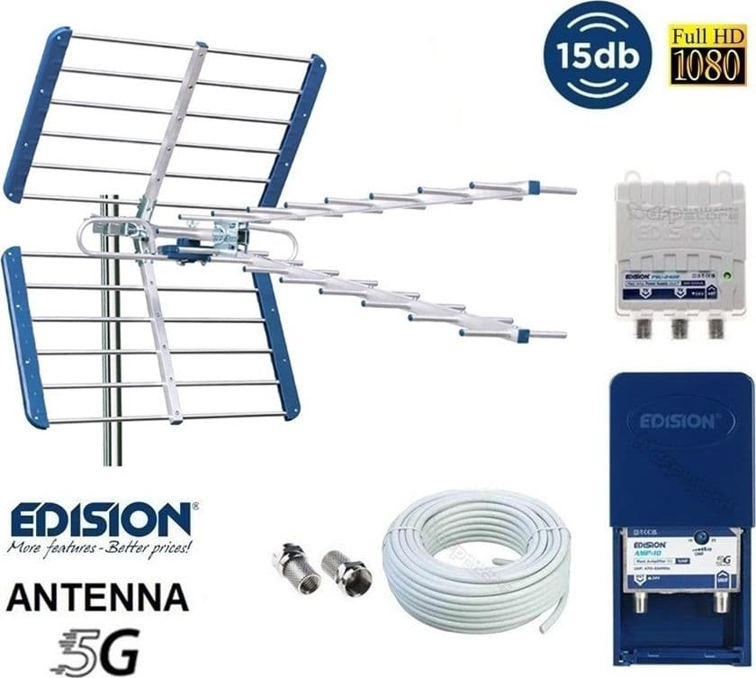 Kit Antenna TV UHF Digitale Terrestre Completo CH 21-48 Filtro 5G LTE con Amplificatore da Palo 25dB - 1
