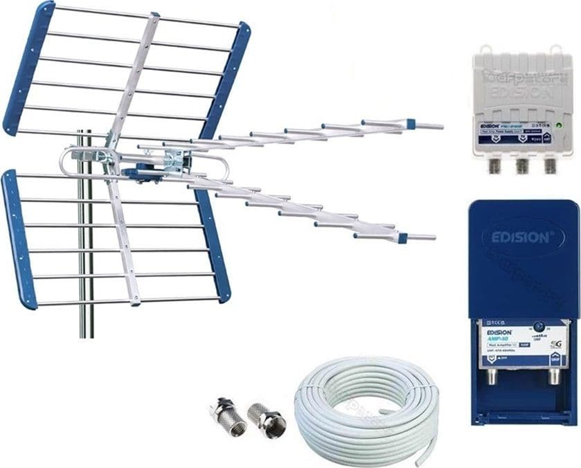 Kit Antenna TV UHF Digitale Terrestre Completo CH 21-48 Filtro 5G LTE con Amplificatore da Palo 25dB - 10