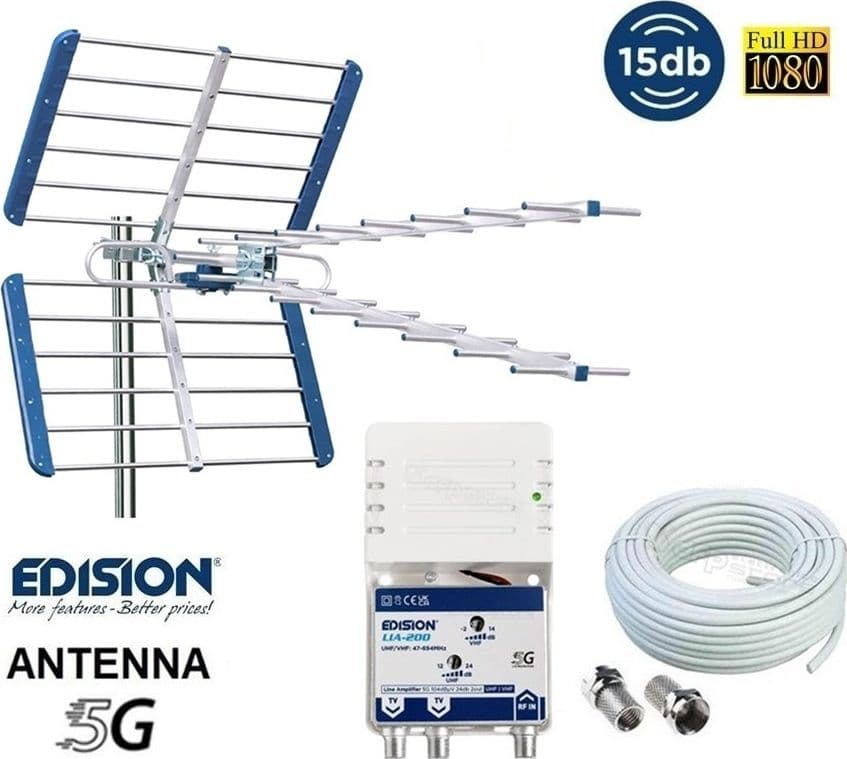 Kit Antenna TV UHF Digitale Terrestre Completo CH 21-48 con Filtro 5G LTE con amplificatore da interno 24dB - 1