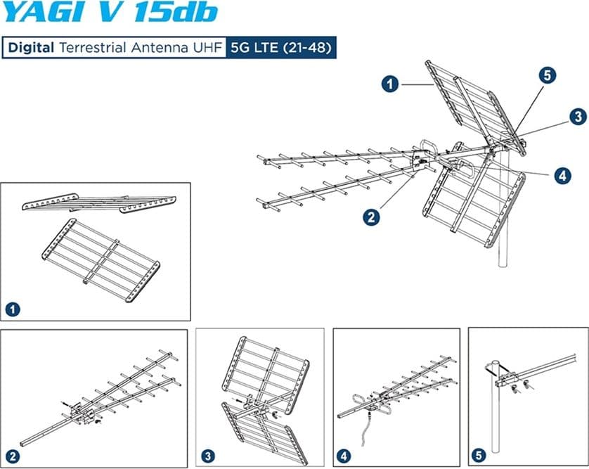 Kit Antenna TV UHF Digitale Terrestre Completo CH 21-48 con Filtro 5G LTE con amplificatore da interno 24dB - 4