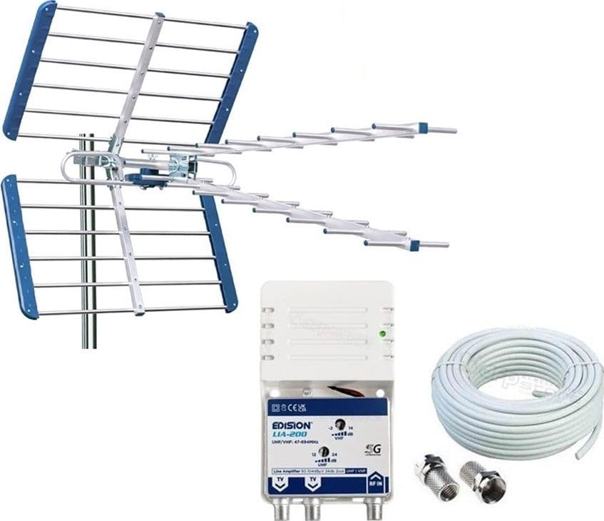Kit Antenna TV UHF Digitale Terrestre Completo CH 21-48 con Filtro 5G LTE con amplificatore da interno 24dB - 10