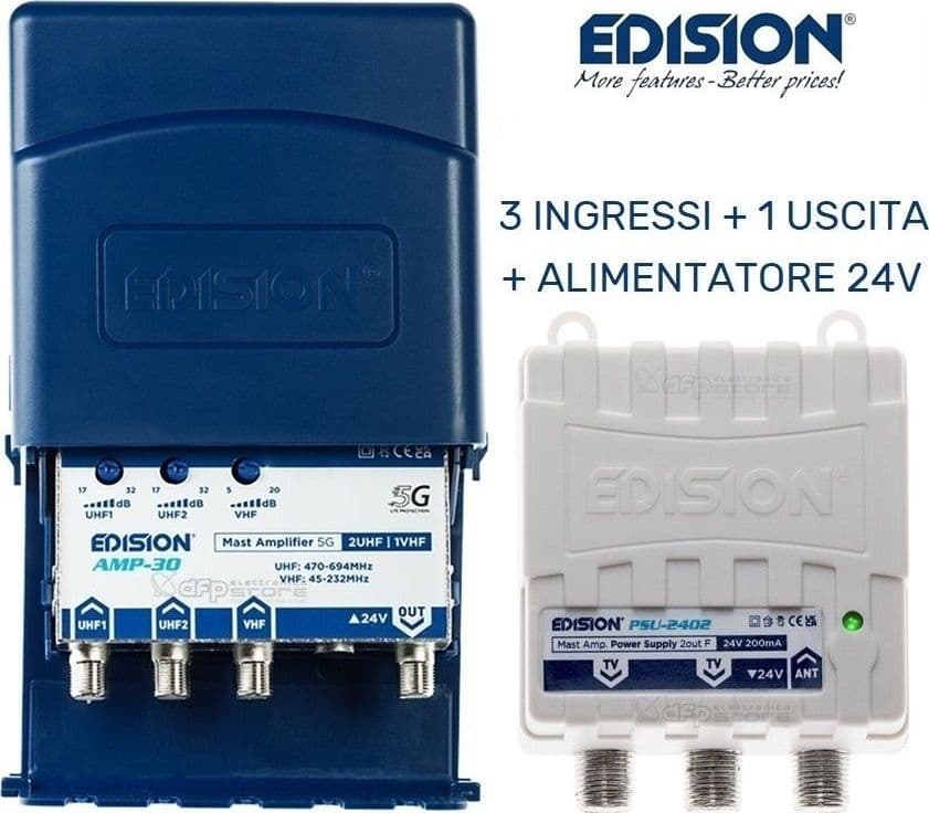 Kit Antenna TV Digitale Terrestre Completo CH 21-48 Filtro 5G LTE con Amplificatore da Palo doppio ingresso UHF da 32dB - 5
