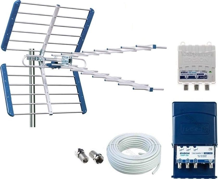 Kit Antenna TV Digitale Terrestre Completo CH 21-48 Filtro 5G LTE con Amplificatore da Palo doppio ingresso UHF da 32dB - 10