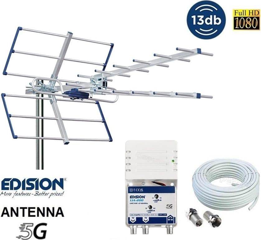 Kit Antenna TV UHF Digitale Terrestre Completo YAGI V 13db con Filtro 5G LTE con amplificatore da interno 24dB - 1