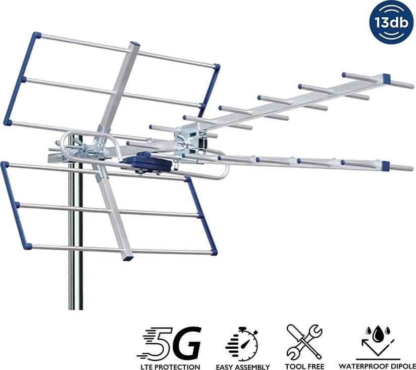 Kit Antenna TV UHF Digitale Terrestre Completo YAGI V 13db con Filtro 5G LTE con amplificatore da interno 24dB - 2