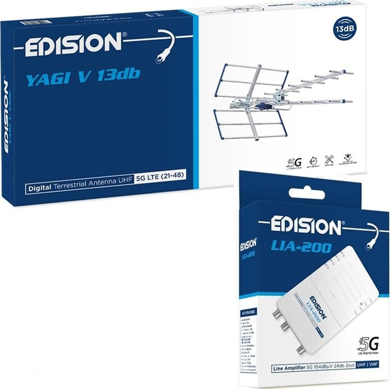 Kit Antenna TV UHF Digitale Terrestre Completo YAGI V 13db con Filtro 5G LTE con amplificatore da interno 24dB - 9