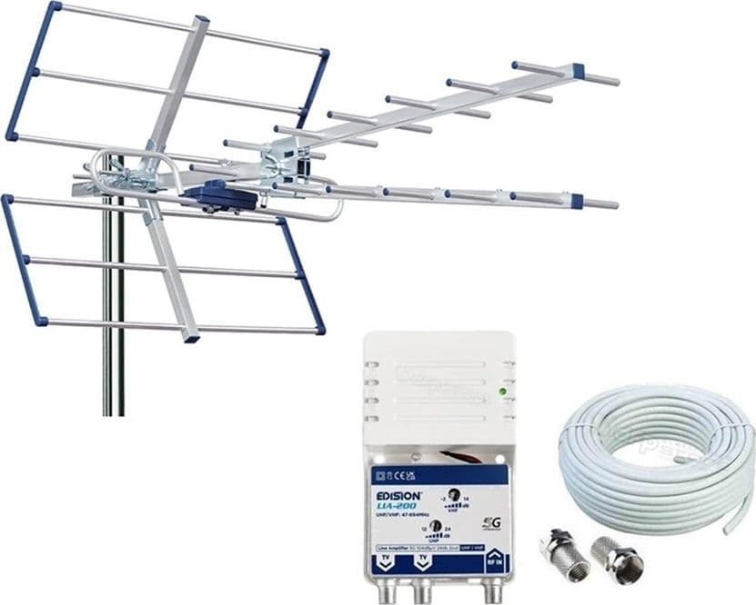 Kit Antenna TV UHF Digitale Terrestre Completo YAGI V 13db con Filtro 5G LTE con amplificatore da interno 24dB - 10