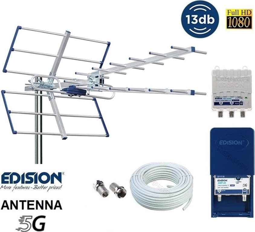 Kit Antenna TV UHF Digitale Terrestre Completo YAGI V 13db CH 21-48 Filtro 5G LTE con Amplificatore da Palo 25dB
