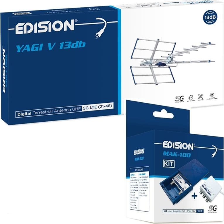 Kit Antenna TV UHF Digitale Terrestre Completo YAGI V 13db CH 21-48 Filtro 5G LTE con Amplificatore da Palo 25dB - 9