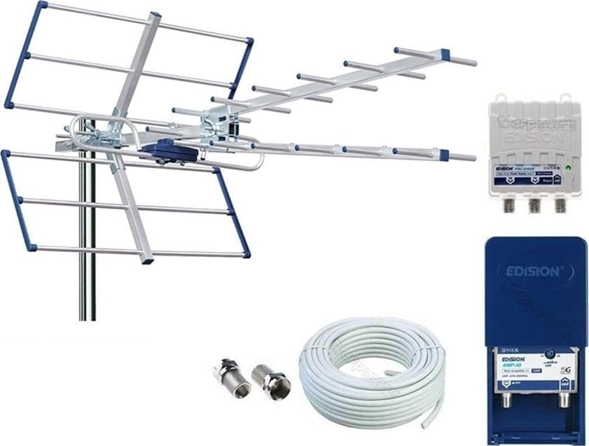 Kit Antenna TV UHF Digitale Terrestre Completo YAGI V 13db CH 21-48 Filtro 5G LTE con Amplificatore da Palo 25dB - 10