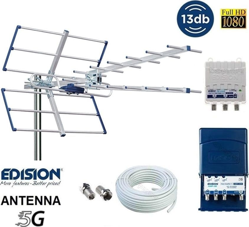 Kit Antenna TV Digitale Terrestre Completo  YAGI V 13db CH 21-48 Filtro 5G LTE con Amplificatore da Palo doppio ingresso UHF da 32dB