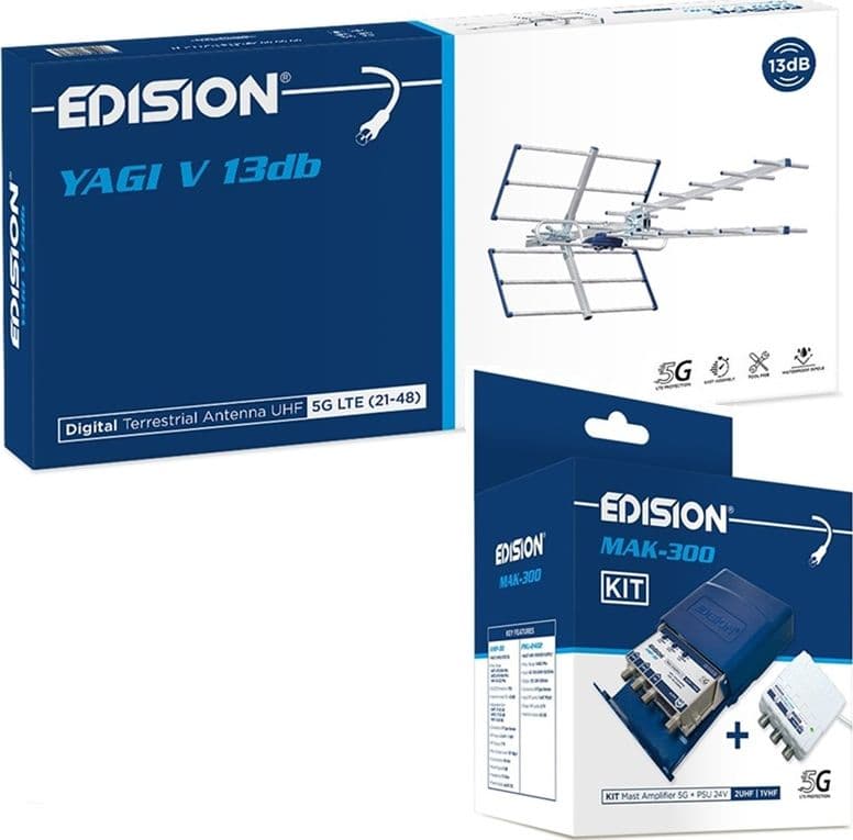 Kit Antenna TV Digitale Terrestre Completo  YAGI V 13db CH 21-48 Filtro 5G LTE con Amplificatore da Palo doppio ingresso UHF da 32dB - 9