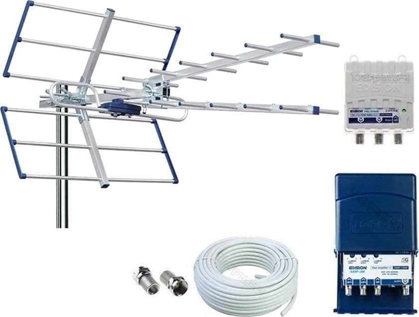 Kit Antenna TV Digitale Terrestre Completo  YAGI V 13db CH 21-48 Filtro 5G LTE con Amplificatore da Palo doppio ingresso UHF da 32dB - 10