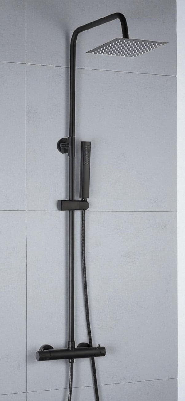 Colonna doccia nera con rubinetto termostatico | Soffione a pioggia quadrato, doccetta, flessibile antitorsione, altezza regolabile - 2