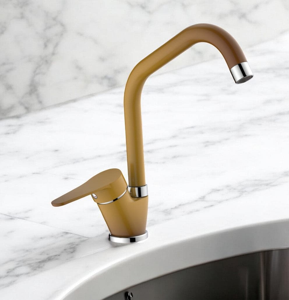 Miscelatore per cucina in ottone colore terra di francia, canna a ponte - 2