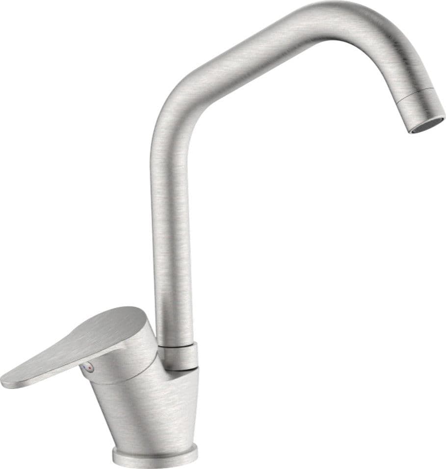 Miscelatore per cucina in ottone finitura acciaio spazzolato, canna a ponte