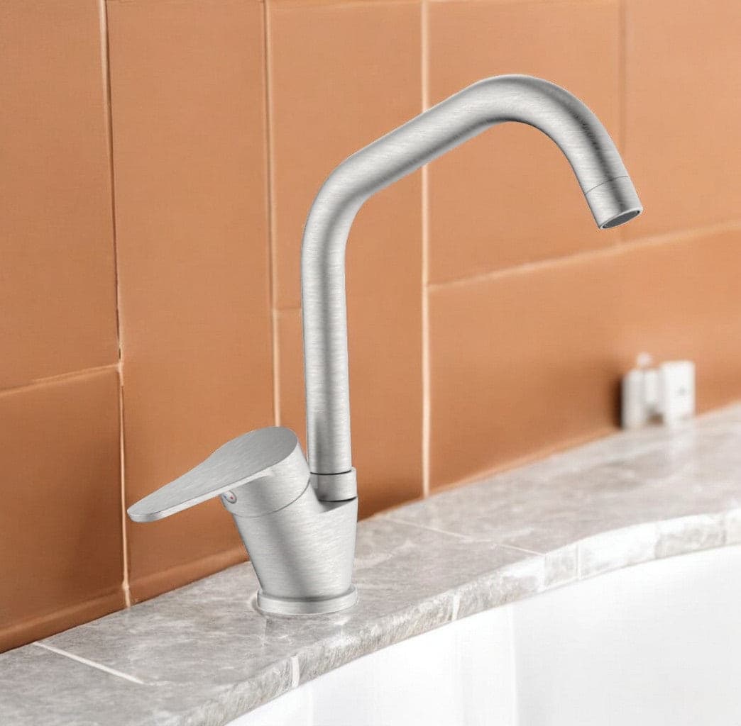Miscelatore per cucina in ottone finitura acciaio spazzolato, canna a ponte - 3