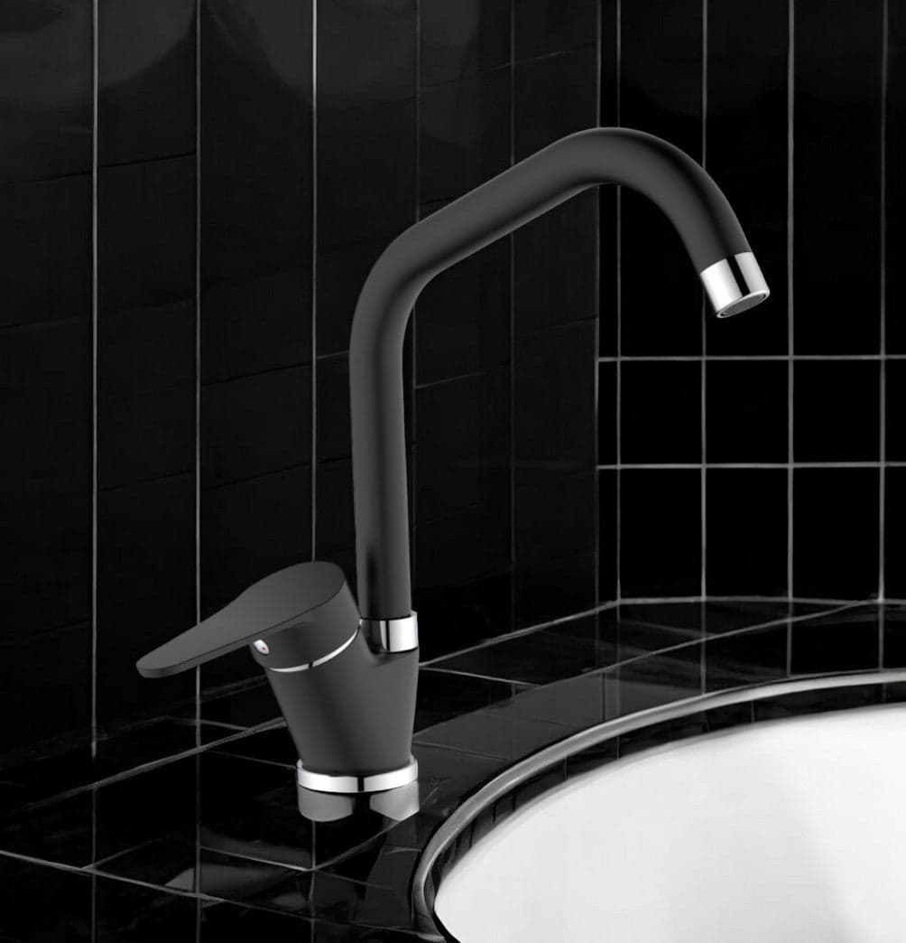 Miscelatore per cucina in ottone finitura granito nero, canna a ponte - 2
