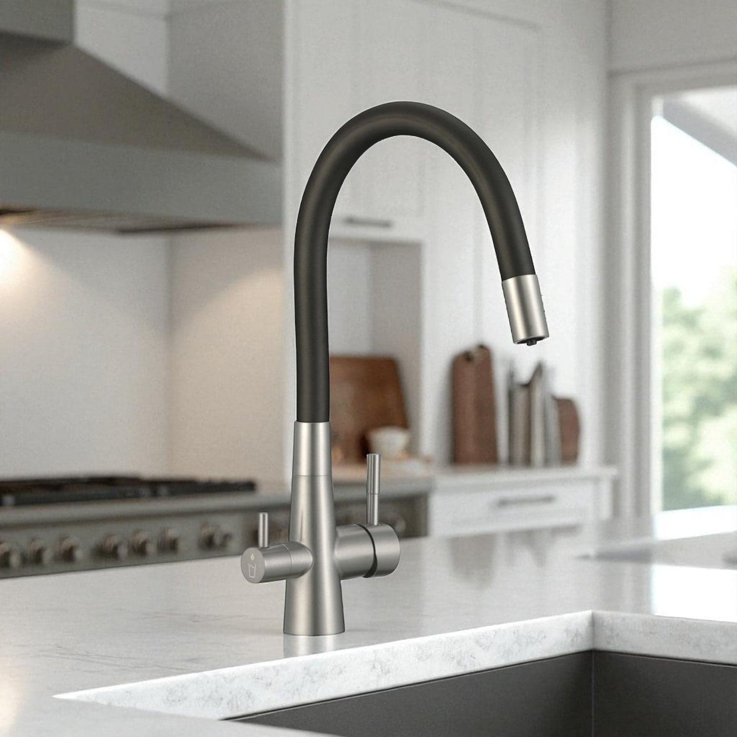 Rubinetto cucina con attacco filtro acqua, bocca flessibile a U e doppia leva – acciaio e nero - 2