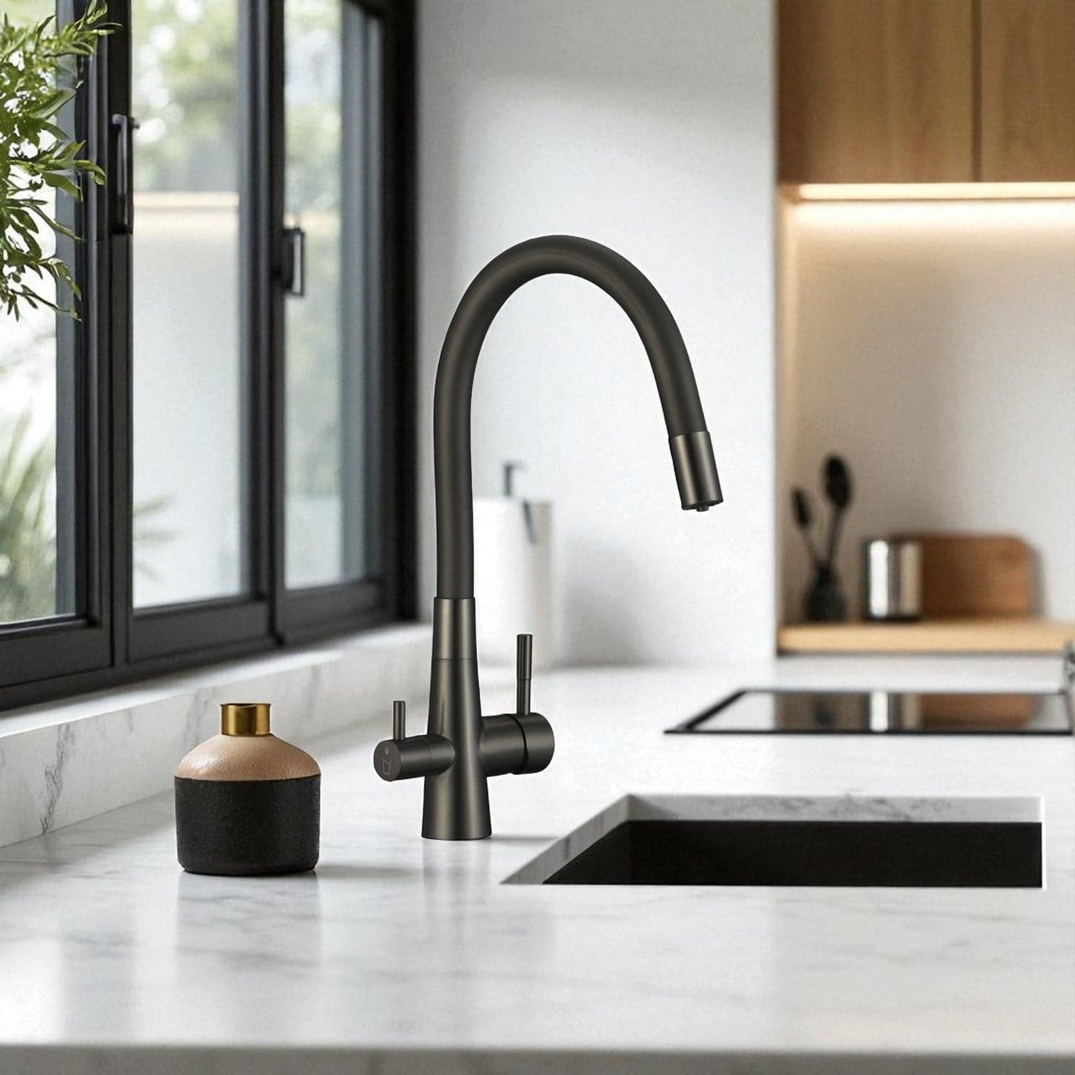 Rubinetto Cucina con Filtro Acqua | Antrarice Spazzolato, Doppia Leva, Canna Flessibile e Design Moderno - 2