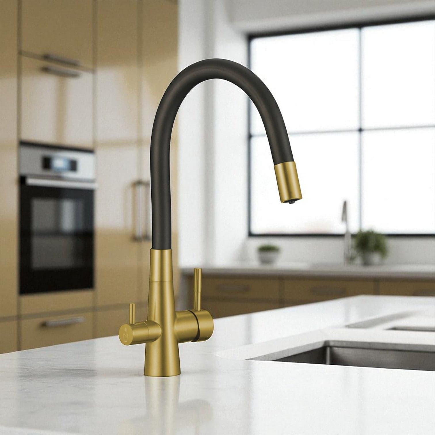 Rubinetto cucina oro spazzolato e nero con attacco filtro acqua e beccuccio flessibile a U - 2