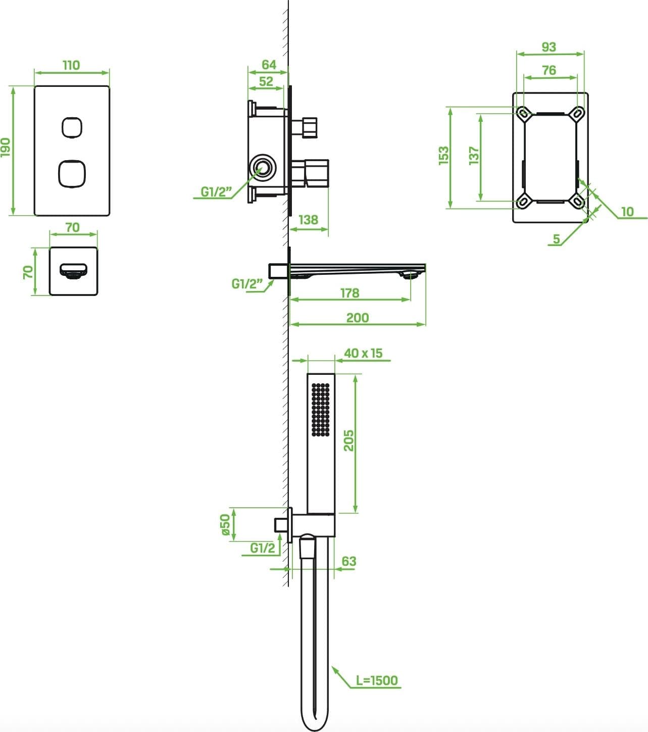 Rubinetto vasca da incasso cromato con set doccia – design moderno, aeratore e tubo flessibile antitorsione - 2