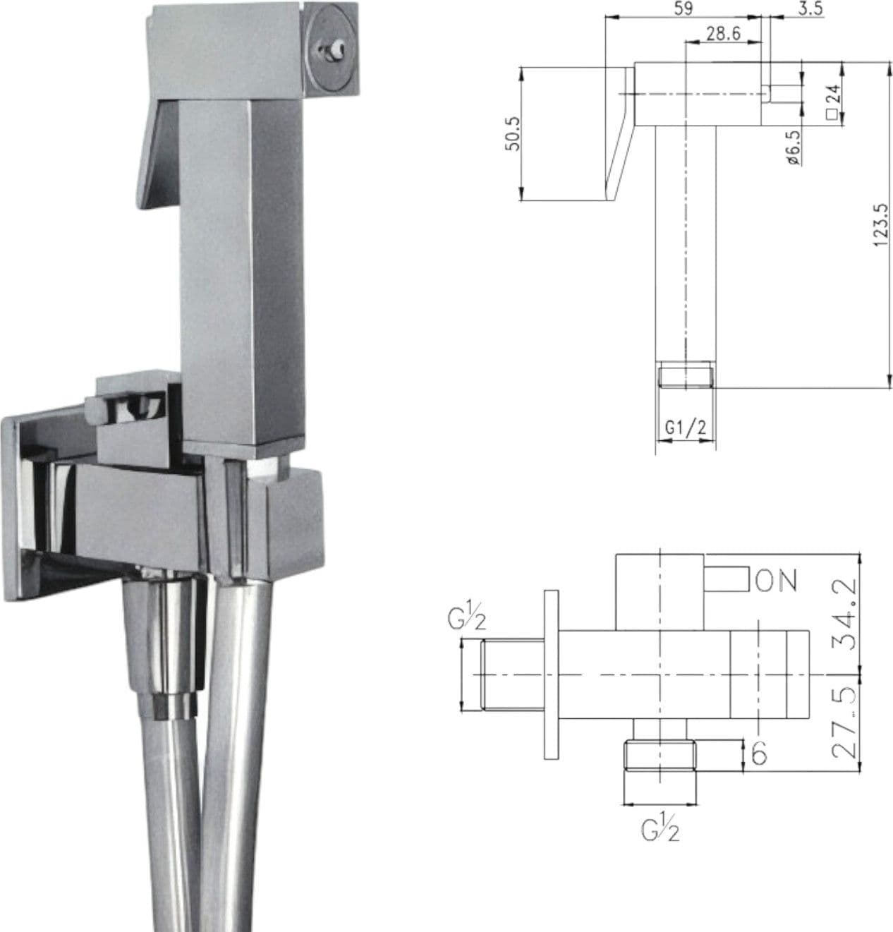 Set doccetta wc con rubinetto di chiusura, tutto quadrato - 2