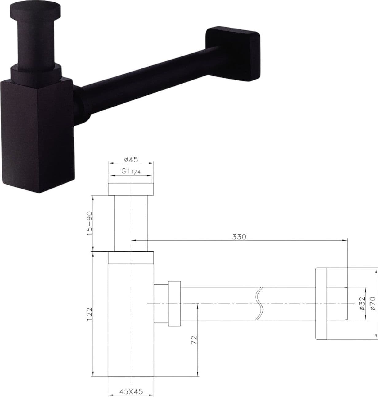 Sifone lavabo quadrato nero opaco - 2