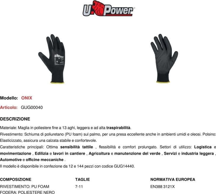 U-Power Onix, 12 paia di guanti da lavoro, supporto poliestere nero e poliuretano - 5