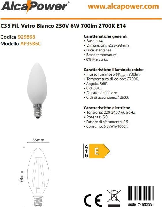 Alca Power C35 6W 230V 700LM 3000K E14 lampada oliva a filamento a led vetro bianco - 4