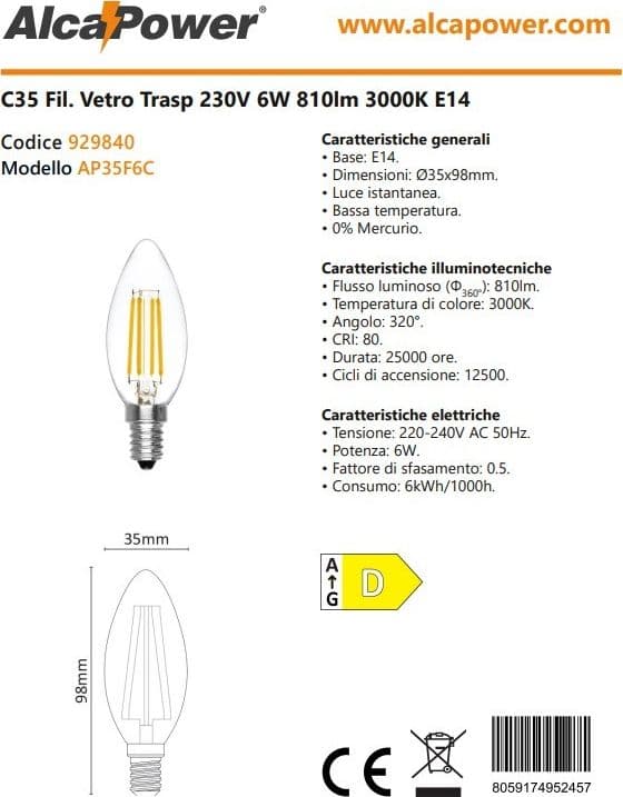 Alca Power C35 6W 230V 810LM 3000K E14 lampada oliva a filamento a led vetro trasparente - 3