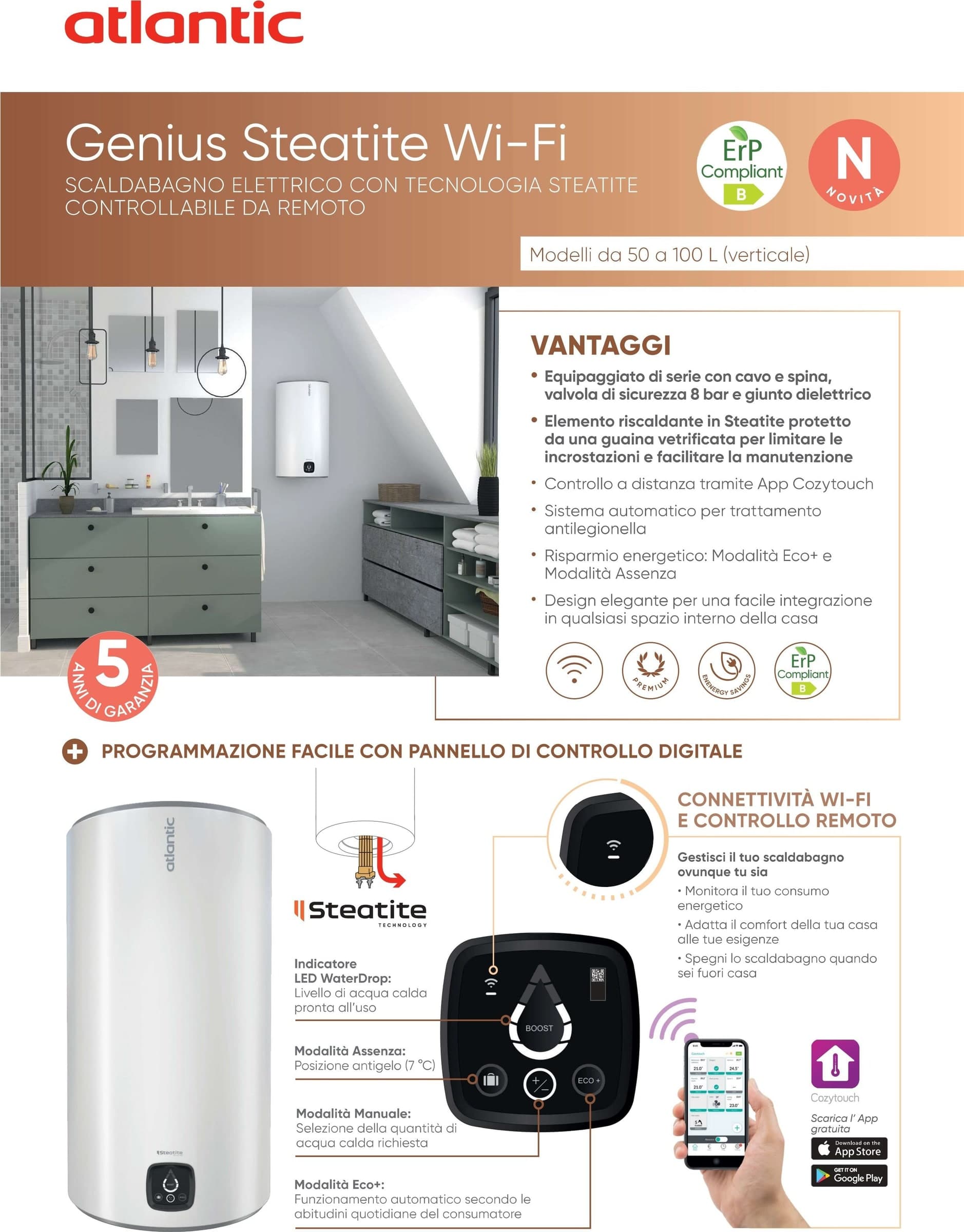 Atlantic Genius Steatite scaldabagno boiler elettrico 50lt verticale - 2 anni di garanzia - 7